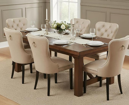 EALSON Modern Dining Chairs Set of 6 Mid Century Leather Dining Room Chairs with Wood Legs Tufted Upholstered Kitchen Side Chairs with Nail Head Trim for Dining Room/Living Room, Beige with Ring