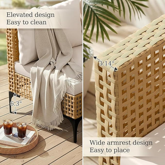 Devoko Patio Furniture Set,7 Pieces Outdoor Wicker Sectional Couch with Thick Cushions &Glass Tabletop, PE Rattan Backyard Conversation Sofa with Coffee Table for Deck, Porch（7pc）