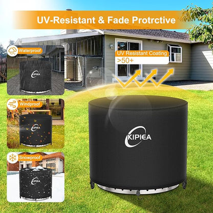 Kipiea Round Fire Pit Cover for Solo Stove Bonfire Super Waterproof, 22" D x16" H Smokeless Fire Pit Cover, Upgraded 600D Strong Tear and UV Resistant, Black