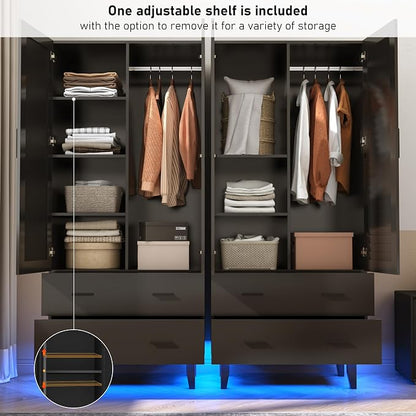 Hlivelood 2 Door Armoire Wardrobe Closet Cabinet with Mirror, Drawers and LED Lights, Multi-Tier Shelves, Hanging Rod & 2 Louver Doors, Large Capacity Storage Wardrobe Armoire for Bedroom, Black