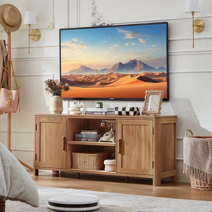 Joaxswe Farmhouse 55" Tv Stand,Dark Wood Entertainment Center with Adjustable Shelves & 2 Door Storage,Wooden Media Console Cabinet for TVs Up to 65 inches, Rustic Tv Stands for Living Room,Bedroom