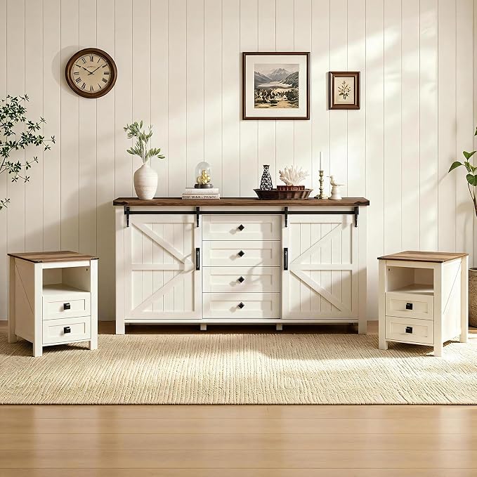 AMERLIFE 3-Piece Farmhouse Bedroom Furniture Set with Dresser and 2 Nightstands, Sliding Barn Door Wood Storage Set for Bedroom, Distressed White