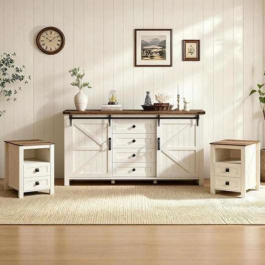 AMERLIFE 3-Piece Farmhouse Bedroom Furniture Set with Dresser and 2 Nightstands, Sliding Barn Door Wood Storage Set for Bedroom, Distressed White