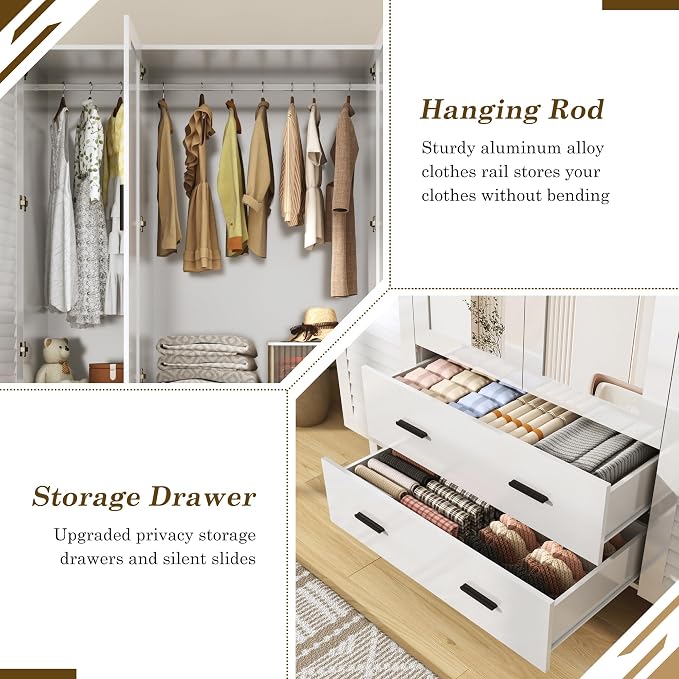 jiteentarou 4 Door Armoire Wardrobe Closet Cabinet with Drawers and LED Lights, Multi-Tier Shelves, Hanging Rod & 4 Louver Doors, Large Capacity Storage Wardrobe Armoire for Bedroom(4 Doors White) | 4 Door
