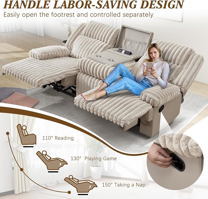 Oversized Reclining Sofa with Flip-Up Middle Backrest, Manual 3 Seater Recliner Sofa, Wall Hugger Recliner Couch with Outlets/USB Ports for Living Room, Bedroom(Beige, Sofa)