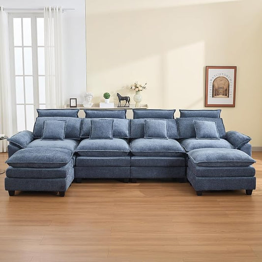 134'' Cloud Modern 4 Seater Couch with Detachable Headrest, Modular Sectional Sofa with 2 Ottoman, Oversized U Shape Chenille Comfy Sofa with Armrests for Living Room, Blue