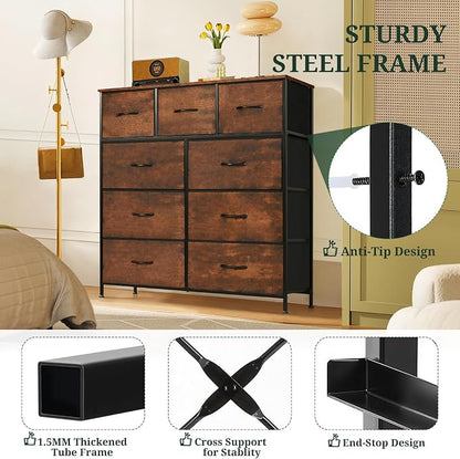 9-Drawer Dresser for Bedroom, Anti-Tip Tall Storage Organizer Chest of Drawers with Wooden Top and Metal Frame Fabric Bins for Closet, Living Room, Hallway, Entryway, Brown