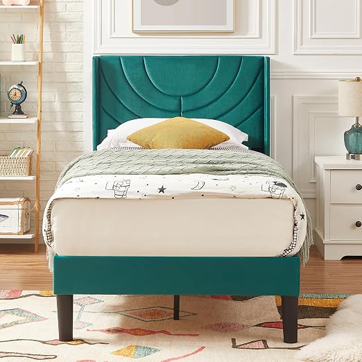 VECELO Upholstered Platform Twin Bed Frame with Fabric Headboard for Kids,Wooden Slats Support/No Box Spring Needed/Mattress Foundation,Dark Green