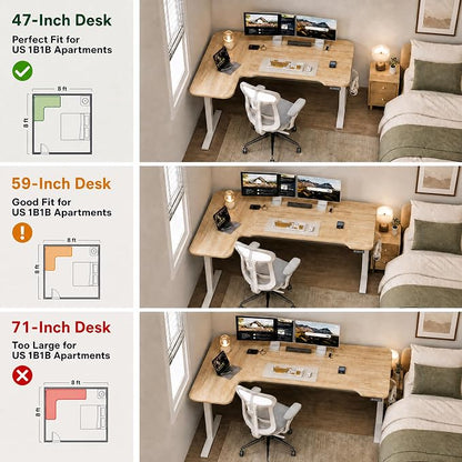 Grandder 47" L Shaped Standing Desk, Electric Height Adjustable Corner Stand Up Desk with Ergonomic Curved Round Corner for Small Apartment Home Office, Oak Desktop White Frame