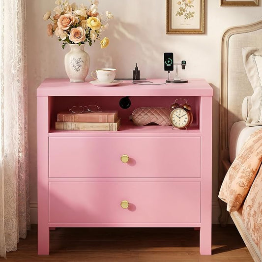 Aheaplus Nightstand with Charging Station, 23.6'' Large Bed Side Table with Wooden 2 Drawers, Night Stand for Bedroom, End Table with Open Storage Shelf for Living Room, Pink