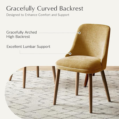 Upholstered Dining Chairs Set of 4, Fabric Dining Room Chairs with Curved Backrest, Solid Wood Legs, Modern Kitchen Chairs for Dining Room Living Room, Mustard