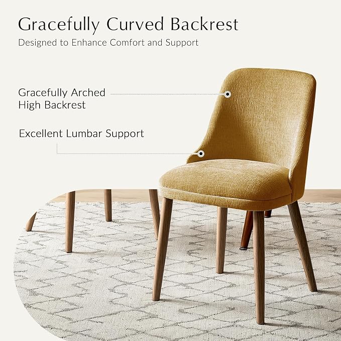 Upholstered Dining Chairs Set of 6, Fabric Dining Room Chairs with Curved Backrest, Solid Wood Legs, Modern Kitchen Chairs for Dining Room Living Room, Mustard
