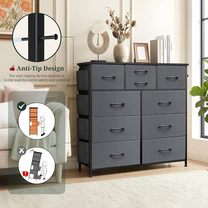 Dresser for Bedroom with Side Pockets and Hooks, 10 Drawers Storage Organizer Chest of Drawers, Sturdy Metal Frame for Living Room, Hallway, Closet, Dark Gray