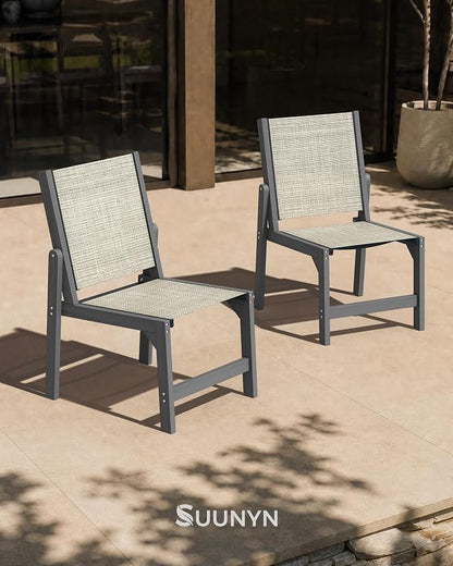 Patio Stackable Chairs Set of 2, HDPE Armless Outdoor Dining Chairs with Wide Seat, All-Weather Textilene Oversized Porch Chair for Garden, Poolside, Backyard, Deck | Grey