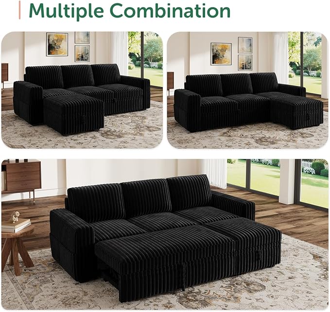 HONBAY Modular Sectional Sofa with Pull Out Bed,Corduroy L Shaped Sleeper Sofa with Storage, Sectional Couches for Living Room,Black