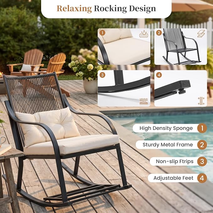 COSIEST 3-Piece Outdoor Rocking Chairs Bistro Set, All Weather Rattan Patio Furniture with 2 Chairs, Coffee Table， & Cushions for Garden, Porch, Balcony,Backyard