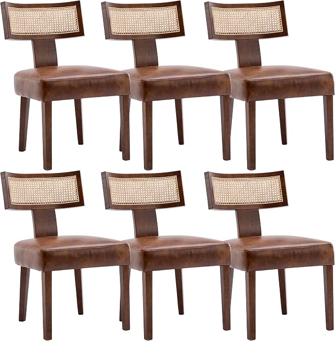 RIVOVA Mid Century Modern Dining Chairs Set of 6 Rattan Kitchen Chairs PU Leather Upholstered Side Chairs, Modern Kitchen Armless Solid Wood Dining Chairs, Brown