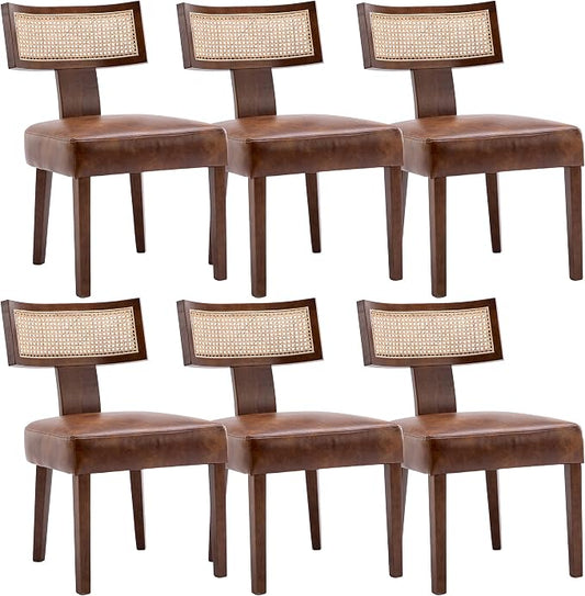 RIVOVA Mid Century Modern Dining Chairs Set of 6 Rattan Kitchen Chairs PU Leather Upholstered Side Chairs, Modern Kitchen Armless Solid Wood Dining Chairs, Brown