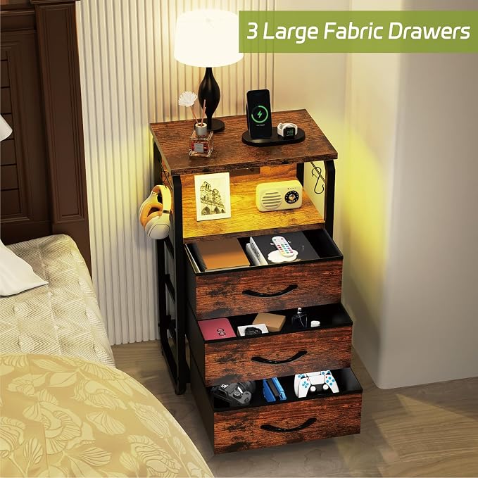 runjuly Night Stand with Charging Station, LED Nightstand with 3 Fabric Drawers and Hooks, Small End Table with Light and USB C Port, Storage Side Table for Bedroom, Rustic Brown