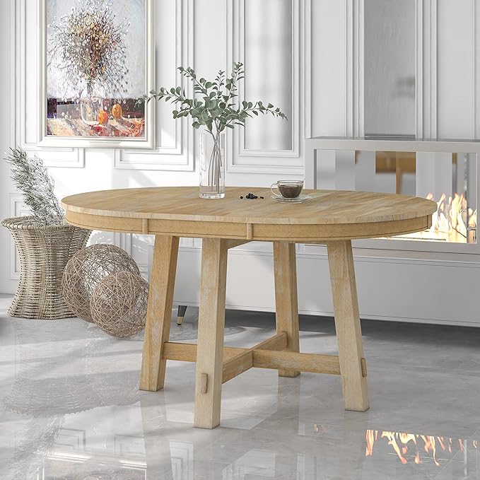 LUMISOL 42"-58" Extendable Round Dining Table for 4-8, Farmhouse Oval Kitchen Table with Removable Leaf, Solid Wood Dinner Tables for Kitchen, Dining Room, Small Space, Natural