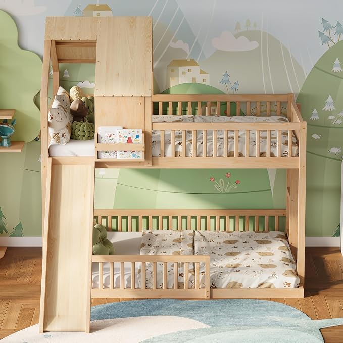 SOFTSEA House Bunk Bed with Slide, Full XL Over Queen Wood Floor Bunk Bed Frame with Roof, Guardrails and Ladder, Space-Saving, Natural