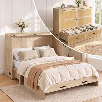CECER Queen Murphy Bed with Mattress for Guest/Small Space-Natural Wood | Built-in Multi-Port Charging Station ＆ Large Storage Drawer，Space Saving ＆ Easy Assemble and Conversion