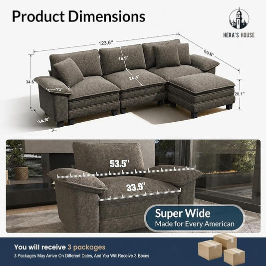 HERA'S HOUSE 124" Modular Sectional Sofa, Oversized L Shaped Couches for Living Room, Comfy Cloud Couch with Ottoman, 4-Seater Deep Seat Sofa with Throw Pillow, Chenille Ash