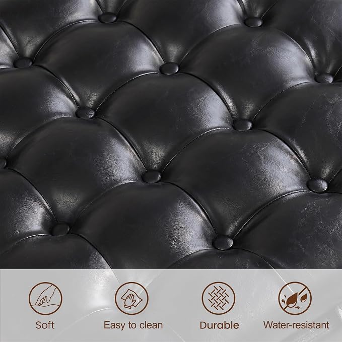 30 Inch Square Storage Ottoman Coffee Table, Modern Tufted Upholstered Ottoman with Flip Tray and Solid Wood Legs, Suitable for Living Rooms, Faux Leather Black