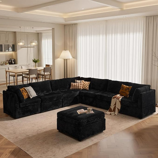 ovios Modular Sectional Sofa Couch with V-Shape Chaise Ottoman, Comfy Plush Corduroy Cloud Couches, Modern Luxury Deep Seat Sofas Set for Living Room, 8-Seater, Black