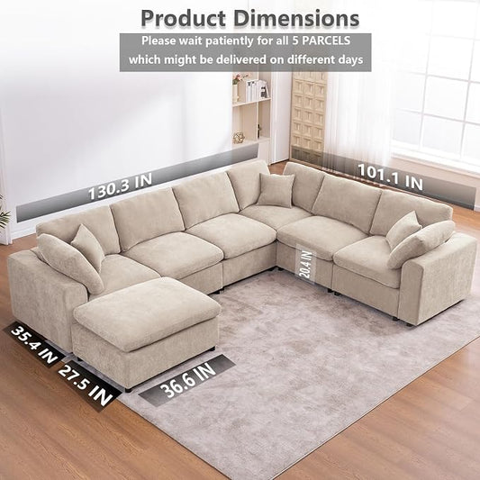 Oversized Modular Sectional Sofa Couch for Living Room, Light Camel | Large 7 Seater Corner Sofa | Modern U Shaped Sectional | with Ottoman | Spacious Space | Comfy Chenille | for Large Families
