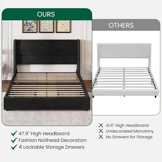 LARMACE Queen Size Bed Frame with 4 Storage Drawers Corduroy Bed Upholstered Platform Bed Frame with 48" Tall Headboard, Solid Wood Leg/No Box Spring Needed/Noise Free, Black