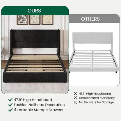 LARMACE Queen Size Bed Frame with 4 Storage Drawers Corduroy Bed Upholstered Platform Bed Frame with 48" Tall Headboard, Solid Wood Leg/No Box Spring Needed/Noise Free, Black
