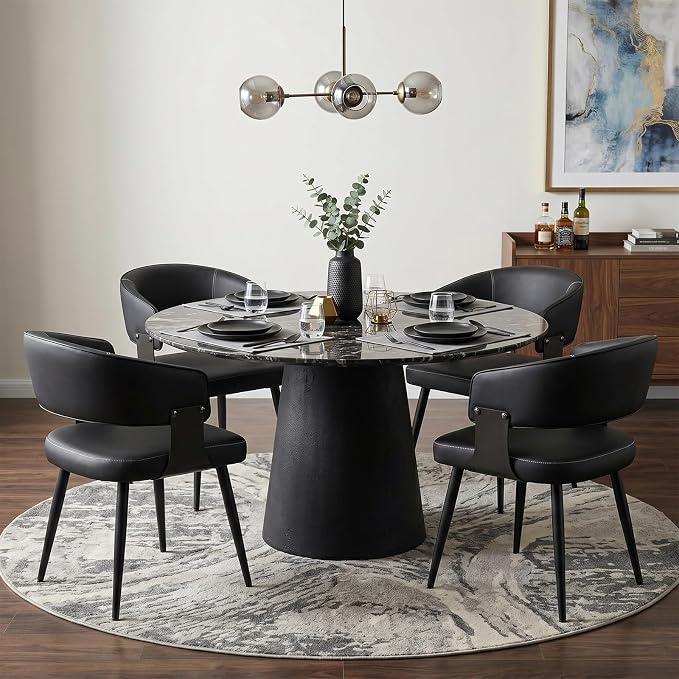 Dining Chairs Set of 4, Modern Upholstered Faux Leather Kitchen Chairs with Curved Back, Easy to Assemble & Clean for Dining Room, Restaurant, Cafe, Black