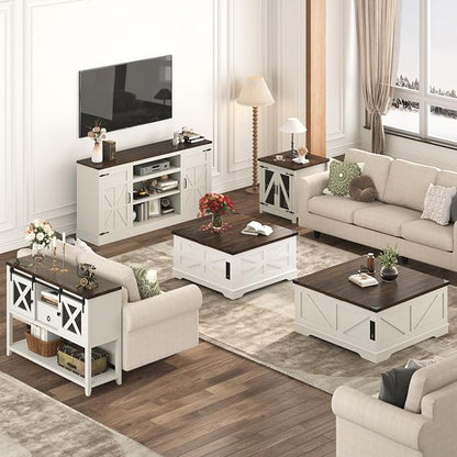 Hlivelood 40” Large Farmhouse Lift Top Coffee Table with Power Outlets and Large Hidden Storage, Square Wood Living Room Tables, Multi-Function Lift Wooden Barn Door Center Table, Rustic White