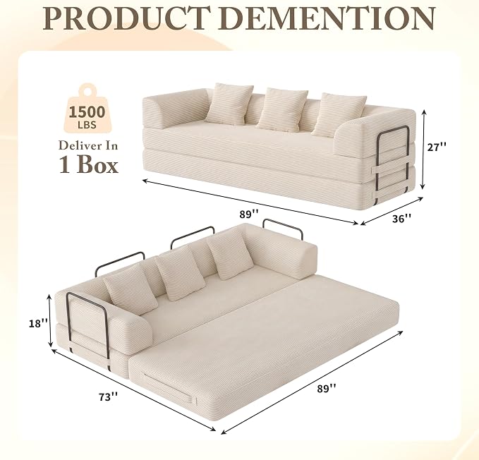 89" Cloud Boneless Convertible Sofa Bed, 5-in-1 Foldable Compressed High-Density Sponge Sofa, Corduroy Fabric 3 Seater Sleeper Couch Futon Daybed for Living Room Bedroom (Beige)