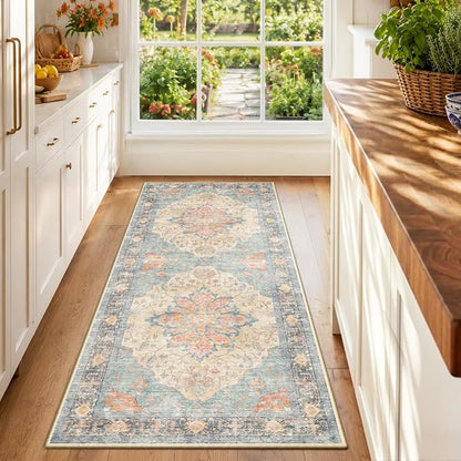 RELEANY Area Rugs Runner 2'x6' Washable Non-Slip, Floral Vintage Distress Medallion Carpet for Kitchen Hallway Bedroom Beside Laundry Room Bathroom, Blue Orange Red
