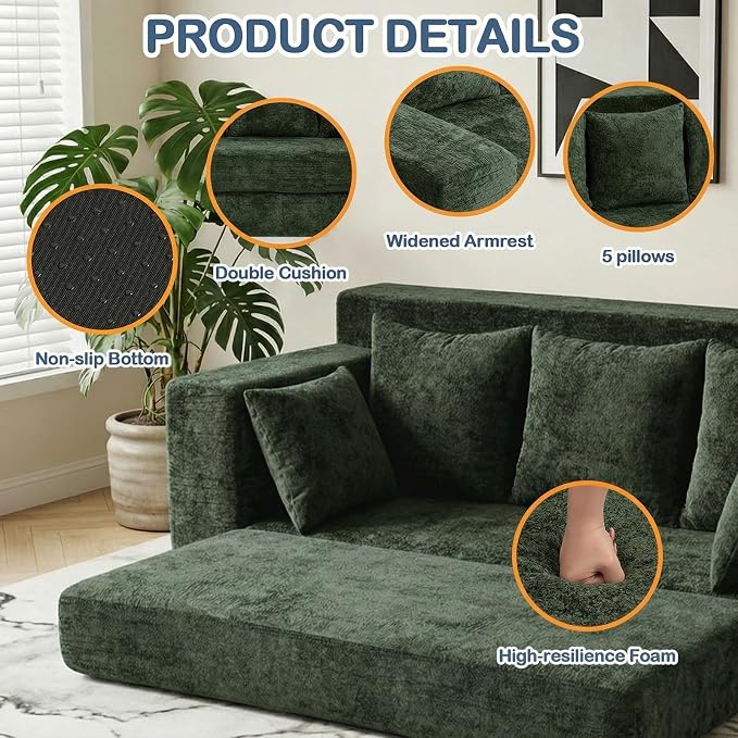 Boneless Couches 70", 3 Seater Boneless Couch with Pull Out Sofa Bed, Boneless Couch Bed with 5 Pillows Green, Plush Velvet Sofa for Living Room & Bedroom