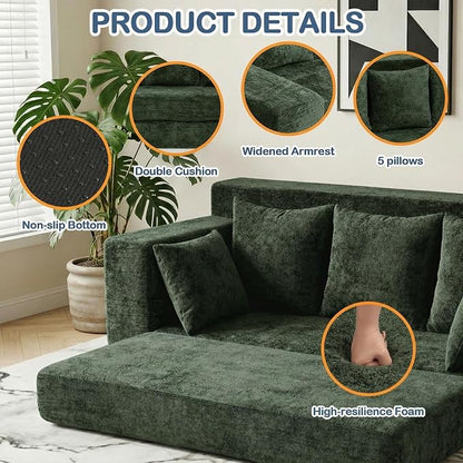 Boneless Couches 70", 3 Seater Boneless Couch with Pull Out Sofa Bed, Boneless Couch Bed with 5 Pillows Green, Plush Velvet Sofa for Living Room & Bedroom