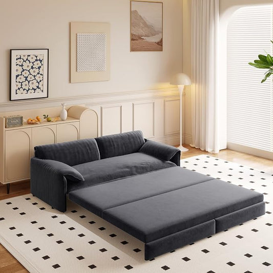 66" Sleeper Sofa Bed Queen Size, 3-in-1 Convertible Couch, Modern Pull Out Couches, Comfy Velvet Futon Sofa, Cloud Loveseat Lounge, Pillow Arm, for Small Spaces, Living Room, Apartment, Grey