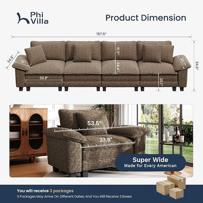 PHI VILLA Cloud Modular Couches Sets, 157.5" Sectional Sofa with Upholstered Deep Seat, 4-Seater Long Couches for Living Room Apartment, Chenille Grayish Brown