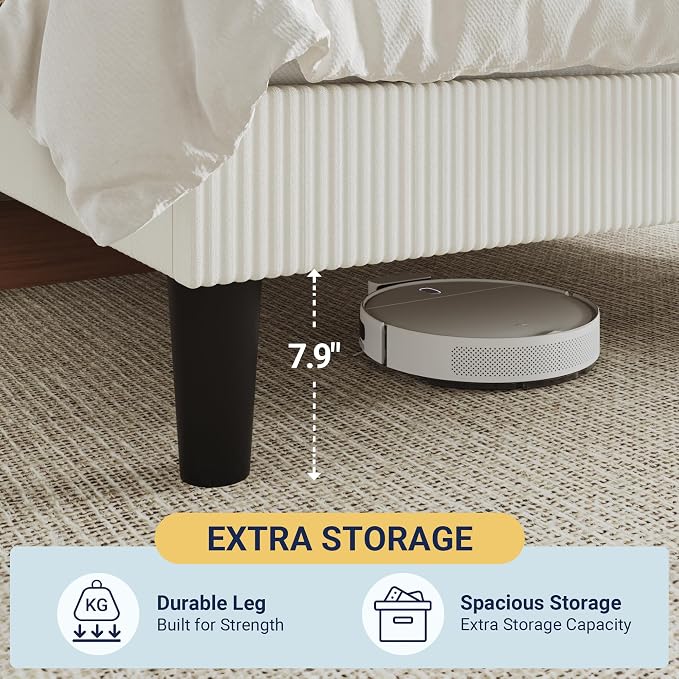 Allewie Queen Size Upholstered Bed Frame with Vertical Channel Tufted Headboard, Soft Corduroy Fabric Platform Bed, Strong Wooden Slats Support, Easy Assembly, No Box Spring Needed, White