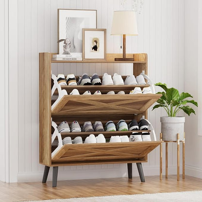 Homleke Farmhouse Shoe Storage Cabinet with Flip Drawers & Barn Door Design | Slim Narrow Shoe Rack Cabinet with Adjustable Shelves & Hidden Storage for Entryway, Hallway, Living Room, Rustic Walnut