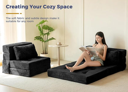 MAXYOYO Convertible Sofa Bed, Fold Out Loveseat Sofa Couch with Pillow, 4 in 1 Tufted Folding Couch Bed Foam Floor Couch, Lazy Chair for Living Room Bedroom Guest Room, Black