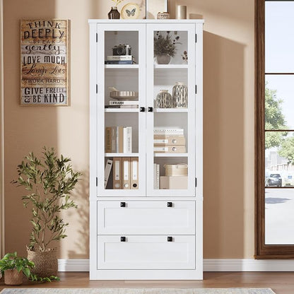 72" Tall Kitchen Pantry Cabinet - Modern Display Storage Cabinet with 2 Large Drawers, Glass Doors, and Adjustable Shelves, Farmhouse Kitchen Cupboard for Dining Room, Bathroom, Living Room, White