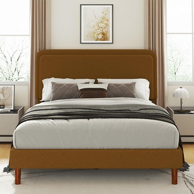 Queen Size Boucle Platform Bed Frame with Adjustable Headboard, Upholstered Cloud Bed, Solid Wooden Legs, Easy Assembly, No Box Spring Needed, Brown