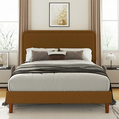 Queen Size Boucle Platform Bed Frame with Adjustable Headboard, Upholstered Cloud Bed, Solid Wooden Legs, Easy Assembly, No Box Spring Needed, Brown