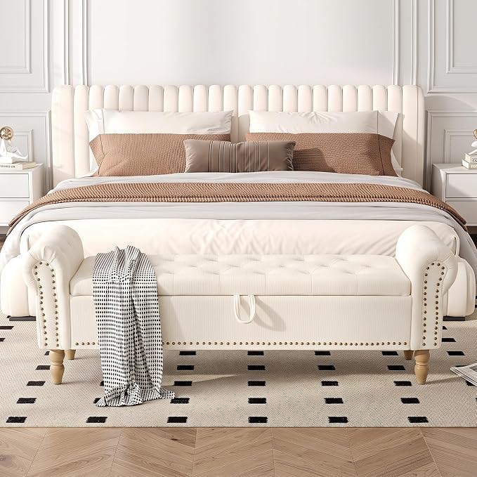 Furniliving 63” End of Bed Storage Bench, Bedroom Bench with Button-Tufted, Upholstered Storage Ottoman Benches Window Bench with Storage, Chenille Bench for Living Room, Entryway, Beige