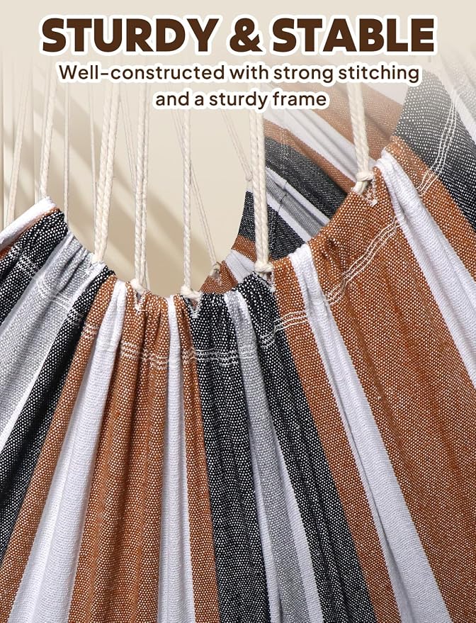 Chihee Hammock Chair Hanging Swing 2 Pillows Included,Strong Webbing Straps and Hooks for Easy Hanging Soft Cotton Hanging Chair Side Pocket Tassel Chair Comfort Indoor Outdoor Brown Stripes