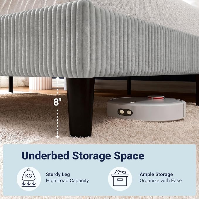 Allewie Full Size Bed Frame with Upholstered Wingback Headboard, Vertical Channel Tufted Corduroy Velvet Platform Bed, Strong Wooden Slats Support, No Box Spring Needed, Easy Assembly, Light Grey