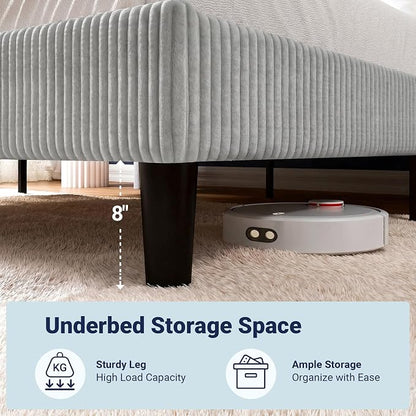 Allewie Full Size Bed Frame with Upholstered Wingback Headboard, Vertical Channel Tufted Corduroy Velvet Platform Bed, Strong Wooden Slats Support, No Box Spring Needed, Easy Assembly, Light Grey